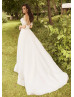 Ivory Pleated Organza Slit Modern Wedding Dress With Detachable Sleeves